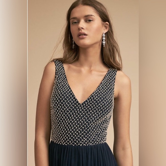 Adrianna Papell Anthropologie Bryce Navy Tulle Maxi Dress Gown Beaded Sz 0 NWT - Picture 4 of 16